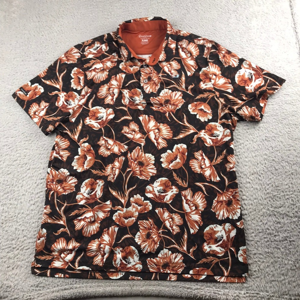 Good Good Golf Polo Shirt Mens XL Orange Brown Floral Poppy Short Sleeve
